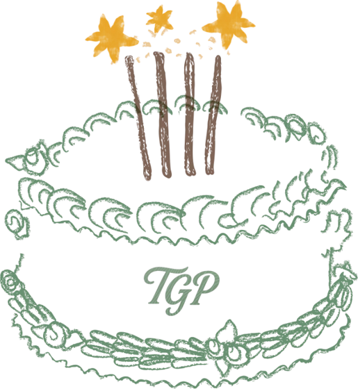 Hand-drawn birthday cake with the TGP logo